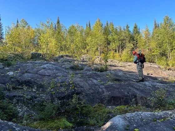 Geologist on a large bare outcrop at Mosseau
