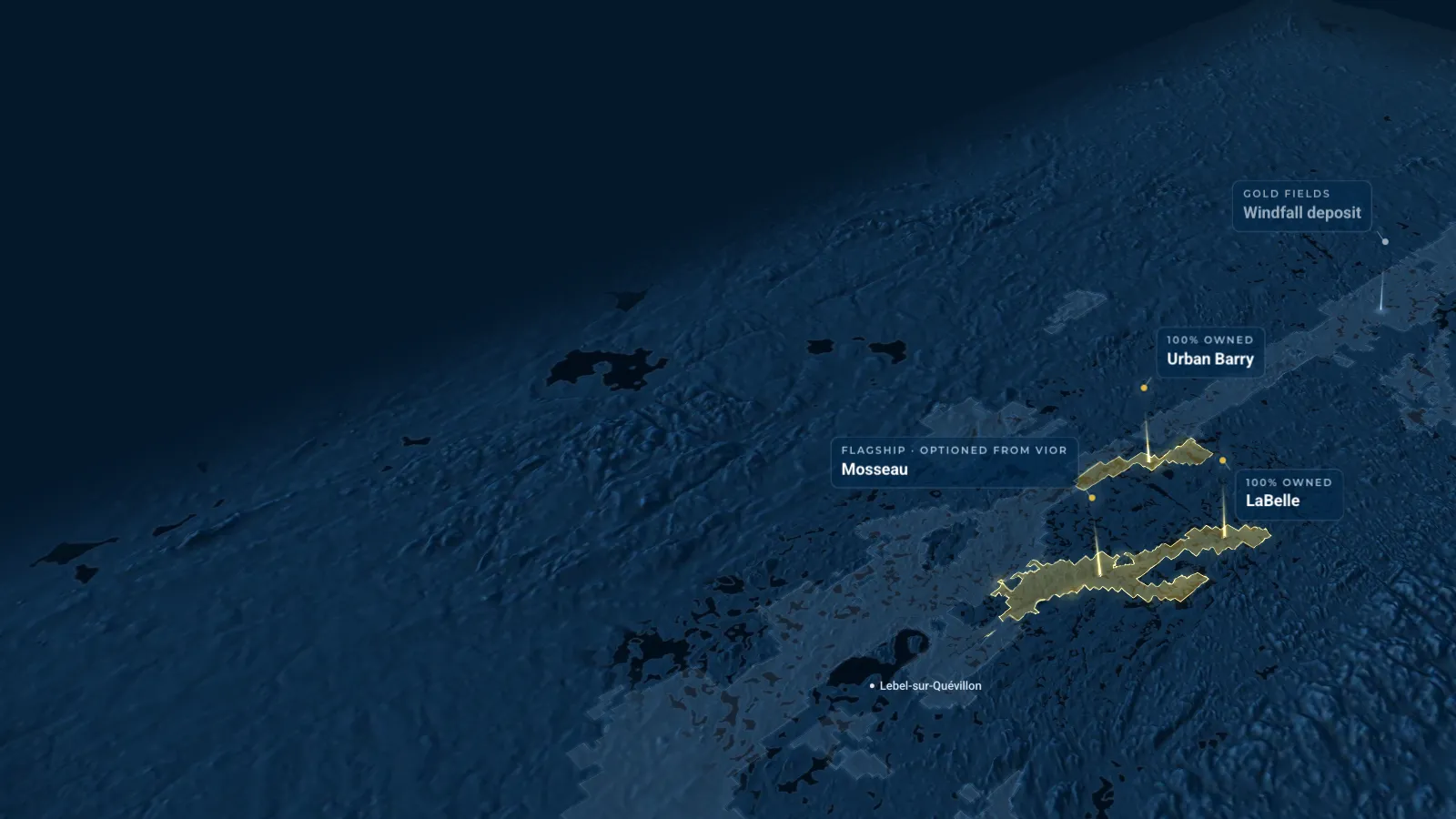 3D view of the Urban Barry belt in Quebec at first light, with Harvest Gold’s mineral claims at Mosseau, Urban Barry and LaBelle glowing in gold and Gold Fields’ Windfall deposit marked