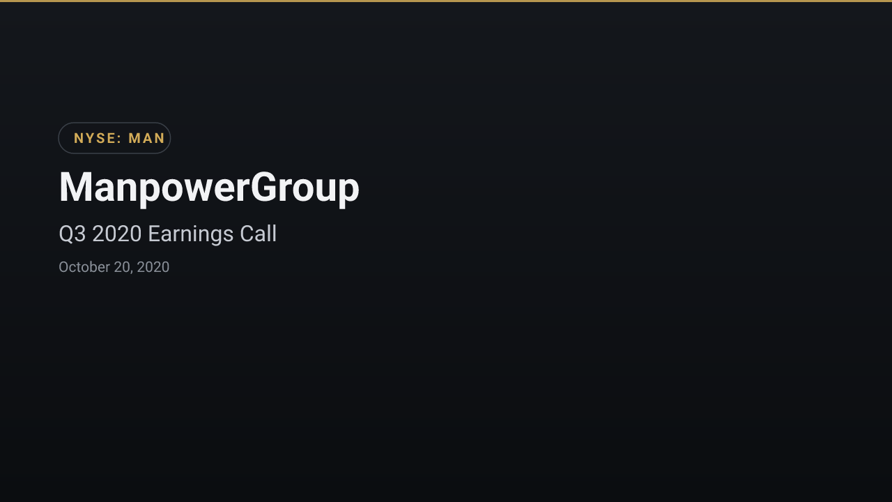 Manpowergroup (NYSE:MAN) Q3 2020 Earnings Call