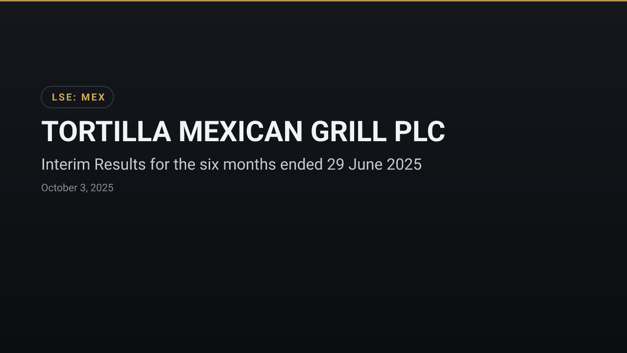 TORTILLA MEXICAN GRILL PLC (MEX) — Interim Results for the six months ended 29 June 2025
