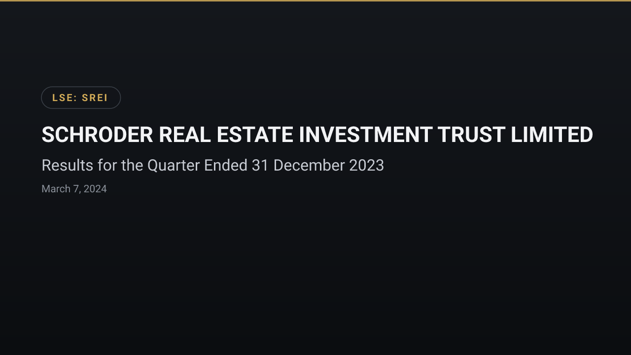 Schroder Real Estate Investment Trust (LSE:SREI) — Results for the Quarter Ended 31 December 2023
