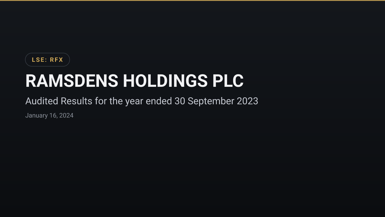 RAMSDENS HOLDINGS PLC (RFX) — Audited Results for the year ended 30 September 2023