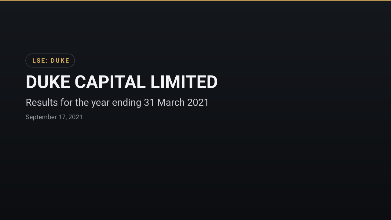 Duke Capital (LSE:DUKE) — Results for the year ending 31 March 2021