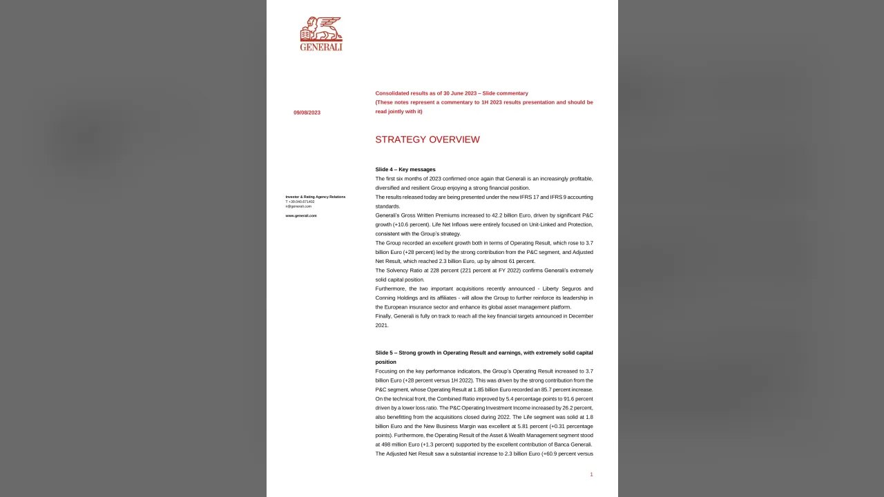 Assicurazioni Generali (Milan:G) Q2 2023 Earnings Call