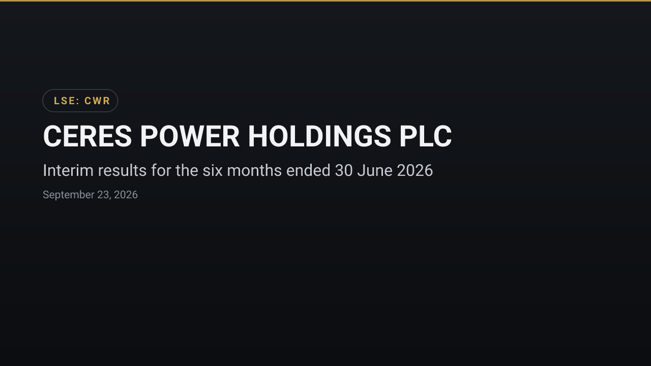 CERES POWER HOLDINGS PLC (CWR) — Interim results for the six months ended 30 June 2026